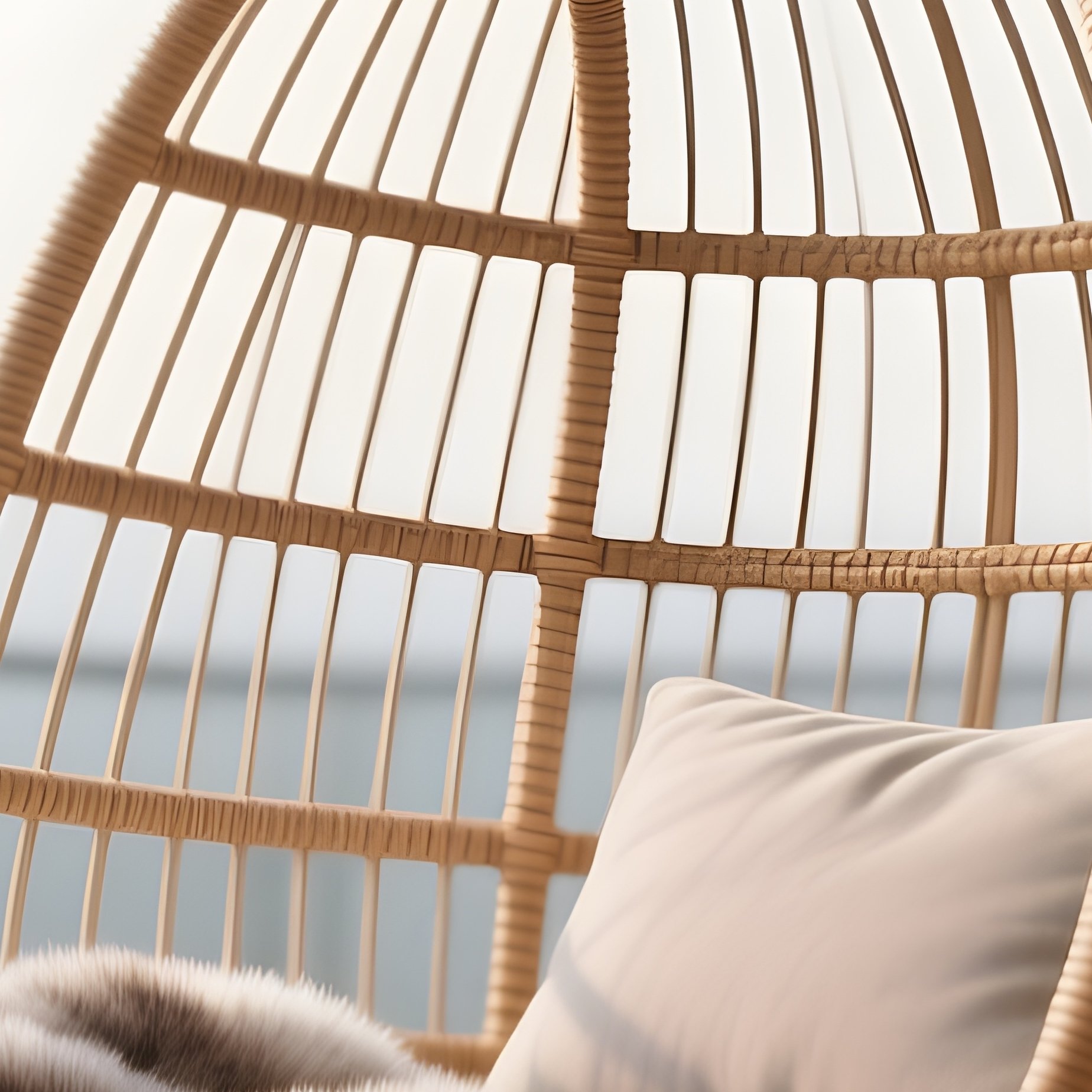 A Hanging Rattan Egg Chair Suspended From A Metal Stand On A Modern Wooden Deck, Featuring A Cozy Faux Fur Throw And A Cushion. - Full Resolution Quality Preview