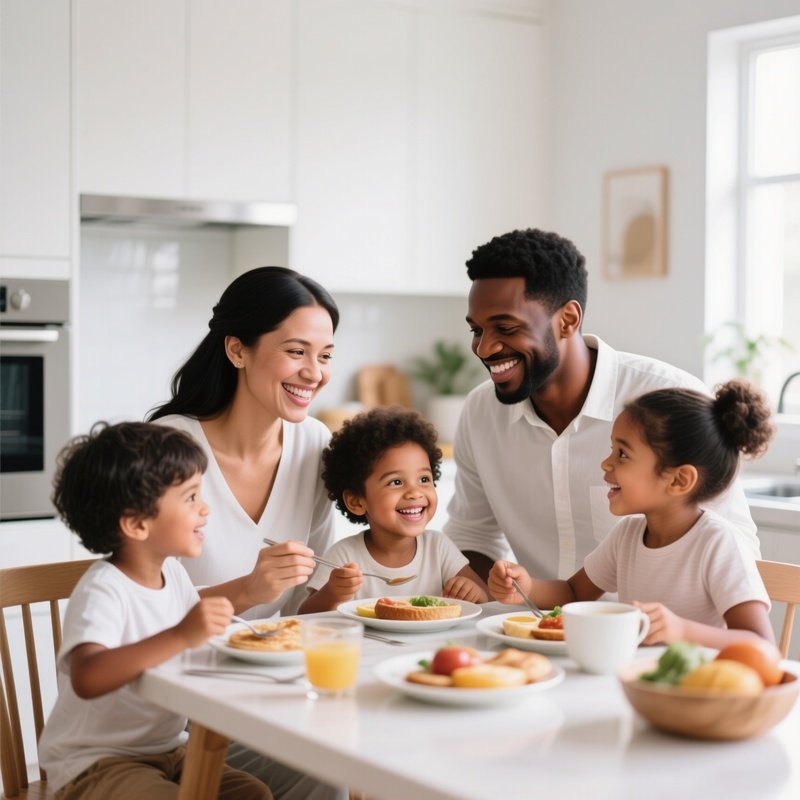 A Happy Family With White And Black Parents And Children Having Breakfast Together In A Bright Kitchen.