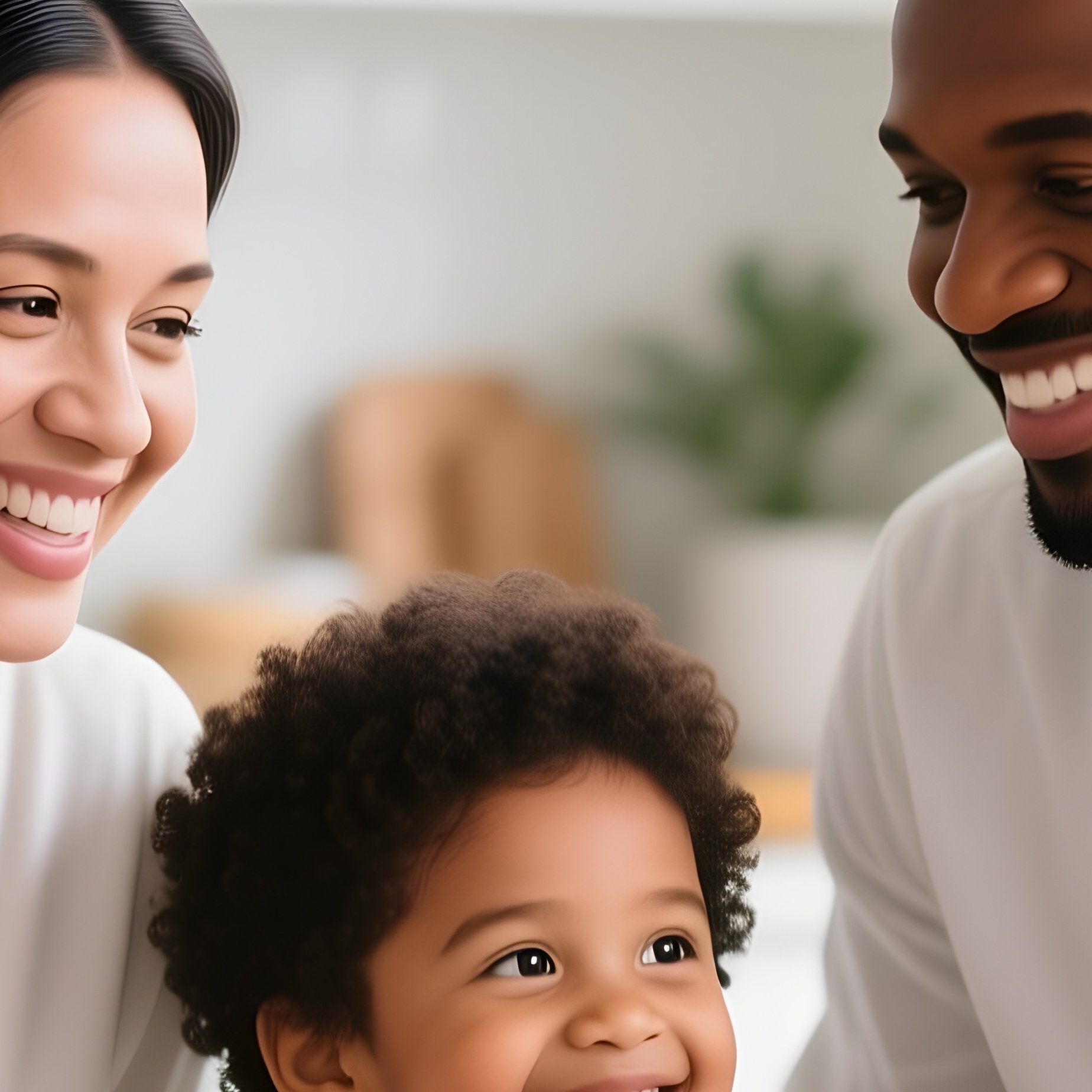A Happy Family With White And Black Parents And Children Having Breakfast Together In A Bright Kitchen. - Full Resolution Quality Preview