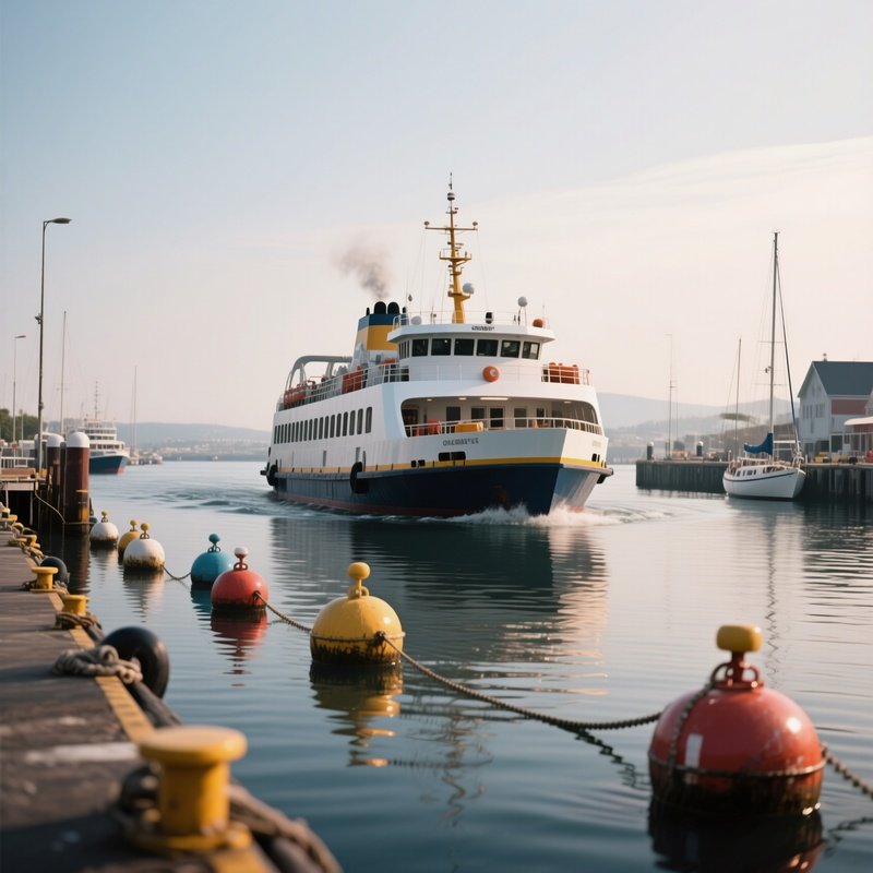 A Harbor Ferry Maneuvering Around Mooring Buoys
