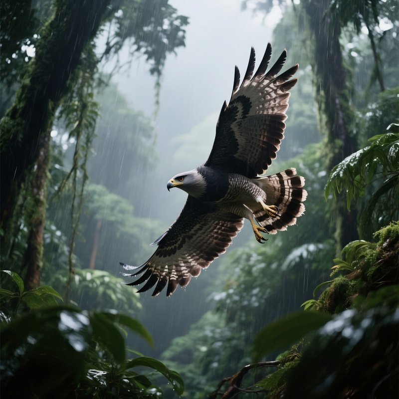 A Harpy Eagle Swooping Through Rainforest Canopy.