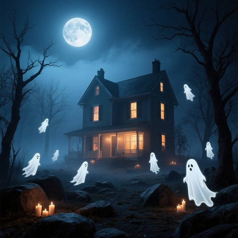 A Haunted House At Night With Ghostly Figures Haunted House Ghosts
