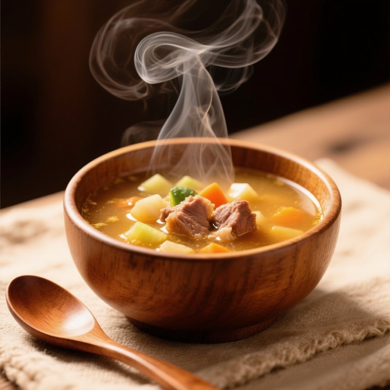 A Hearty Bowl Of Soup With Golden Steam And Wooden Spoon