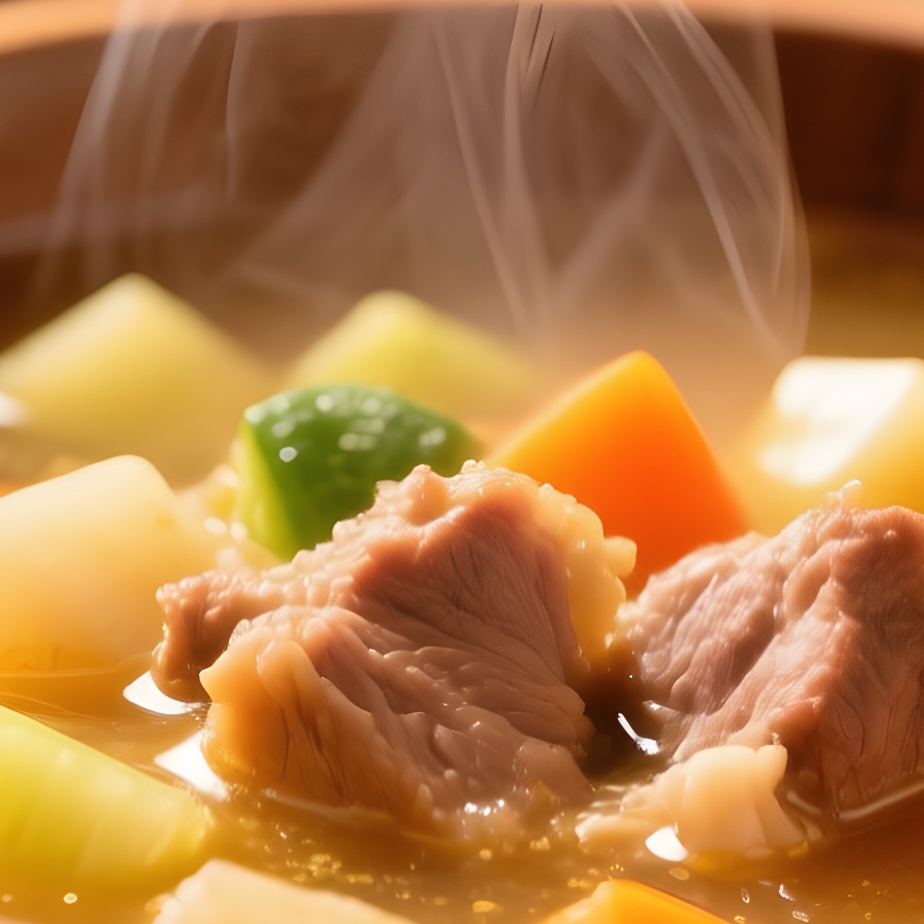 A Hearty Bowl Of Soup With Golden Steam And Wooden Spoon - Full Resolution Quality Preview