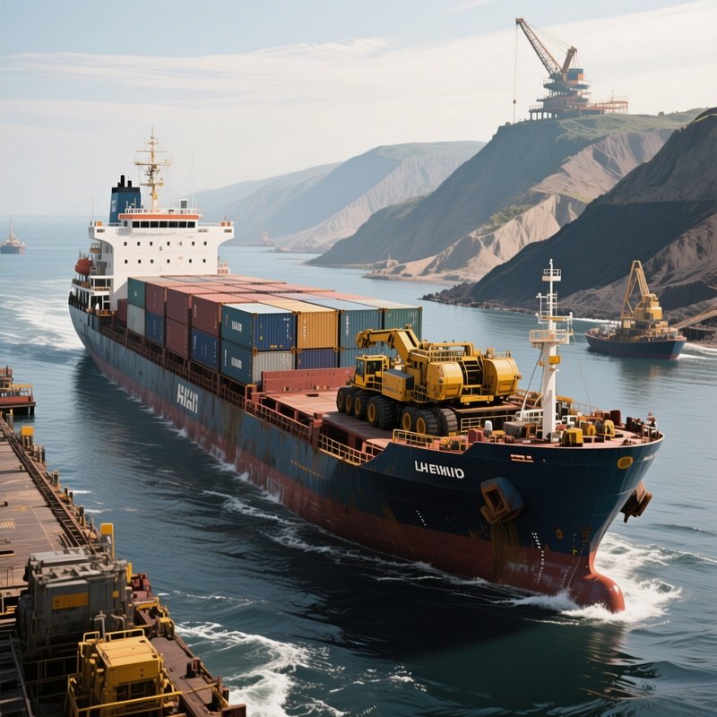 A Heavy Cargo Vessel Transporting Mining Equipment Overseas