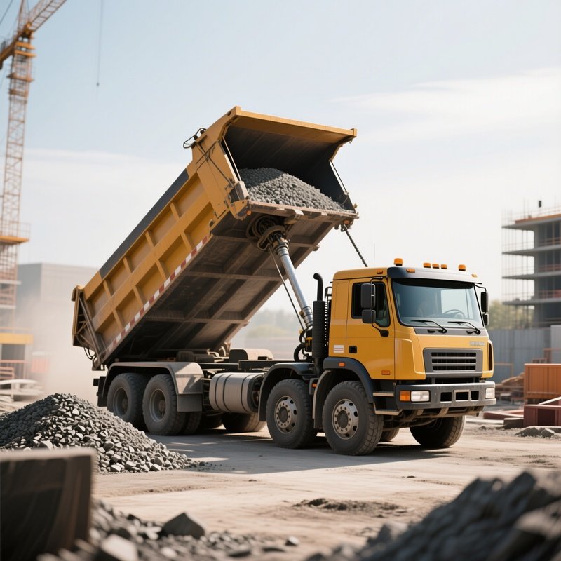 A Heavy Dump Truck Unloading Gravel At A Construction Site