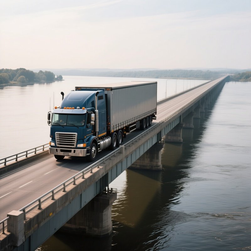A Heavy Duty Truck Crossing A Long Bridge Over A Wide River