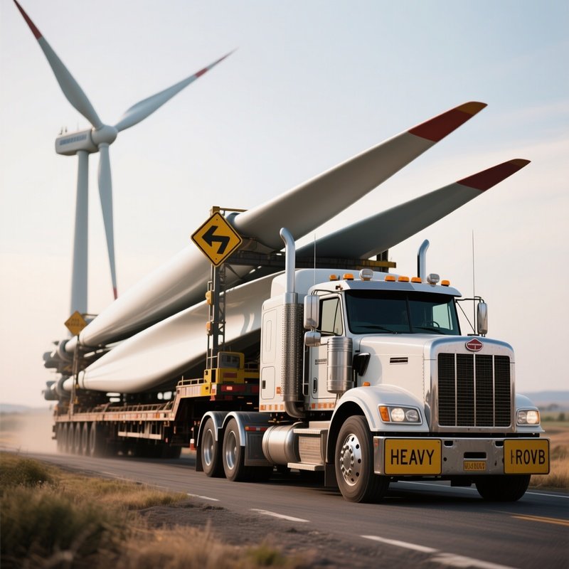 A Heavy Hauler With Oversized Load Signs Carrying Wind Turbine Blades
