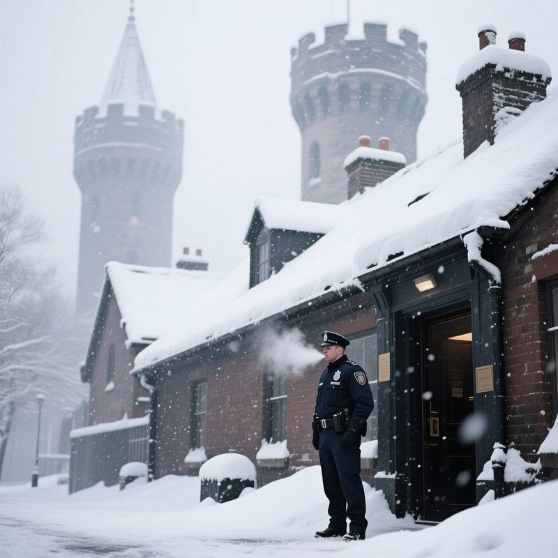 A Heavy Snowfall Covering The Rooftops Of The Towers, A Lone Police Officer Standing Guard Near An