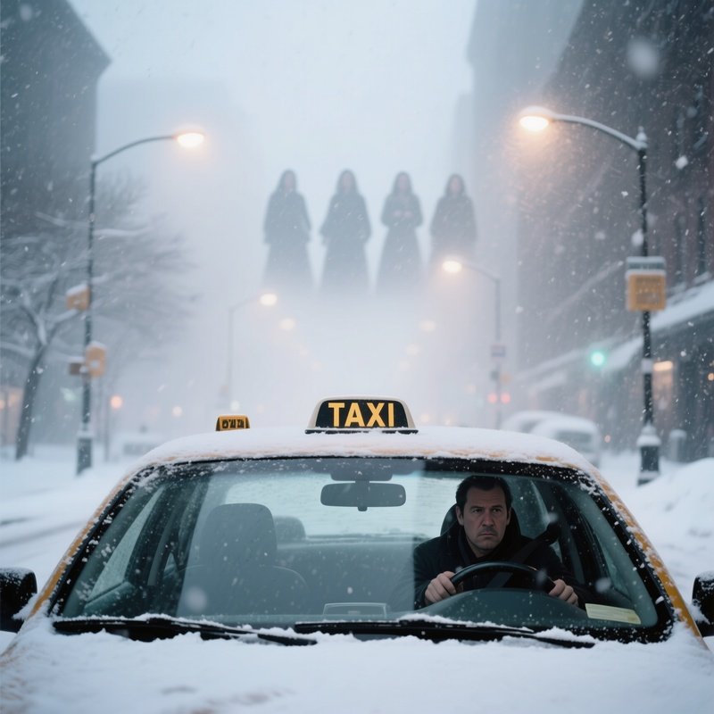 A Heavy Snowstorm Blurring The Outlines Of The Seven Sisters, Streetlights Struggling To Cut