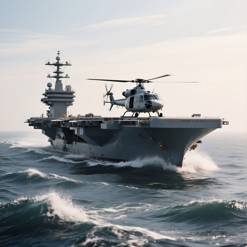 A Helicopter Carrier Sailing Across Gentle Rolling Waves