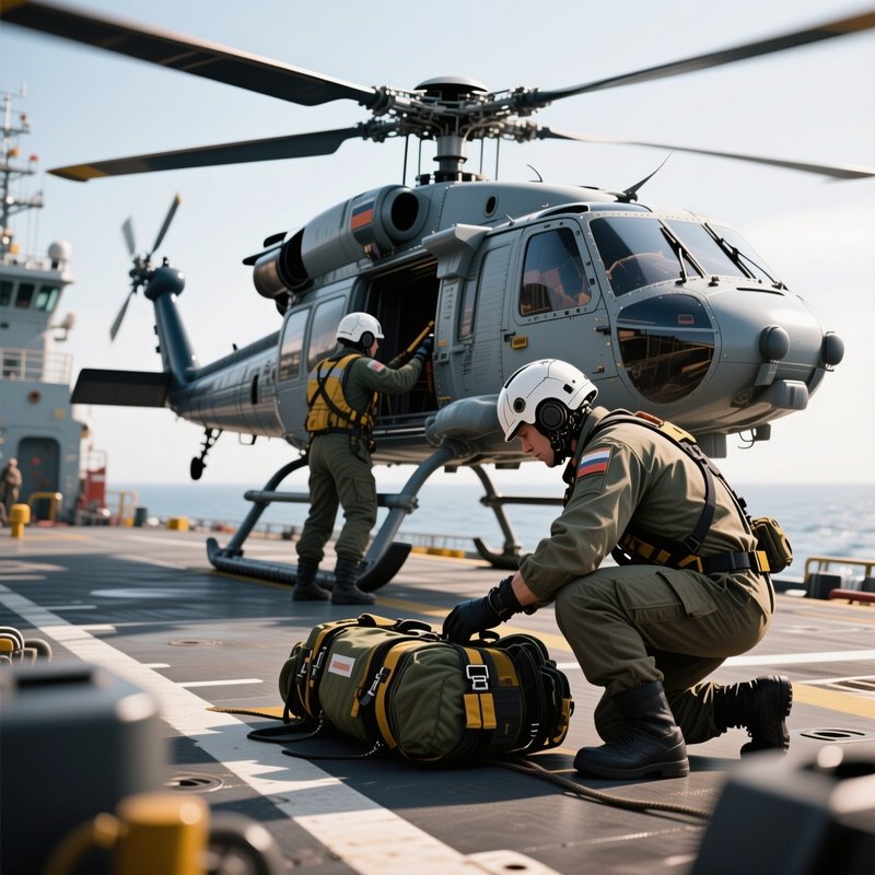 A Helicopter Support Vessel Preparing Gear On Deck