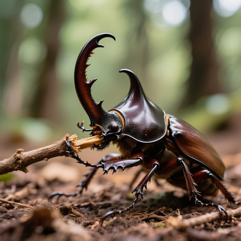 A Hercules Beetle Lifting A Small Twigs With Its Large Horn