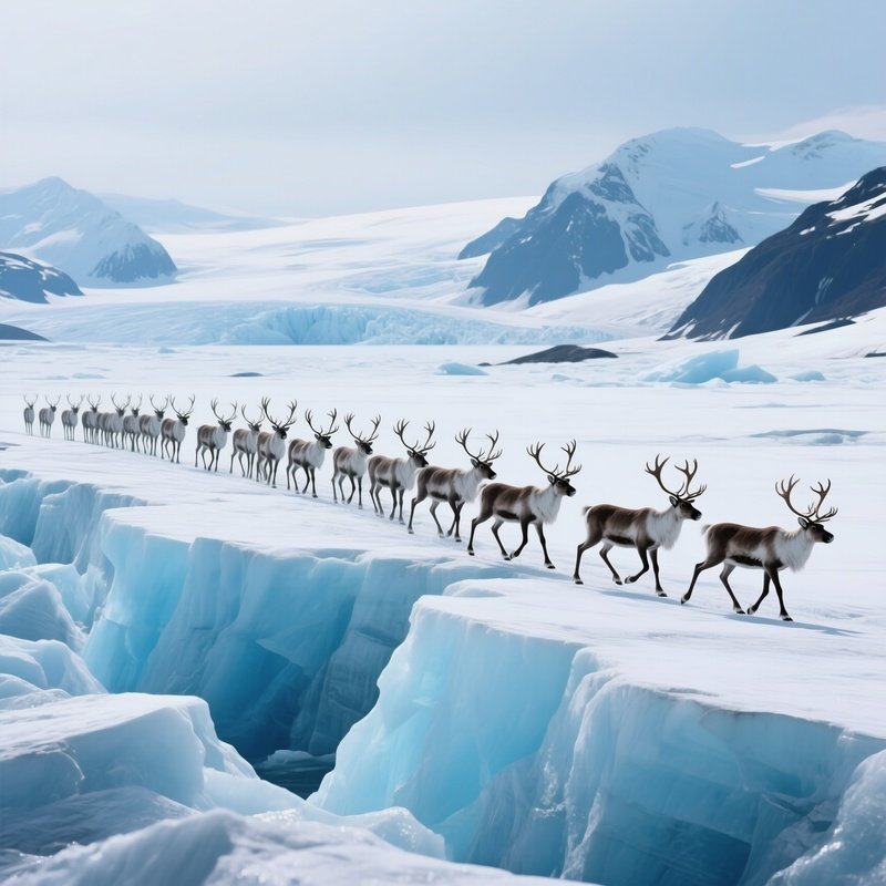 A Herd Of Reindeer Crossing An Ice Blue Glacier.