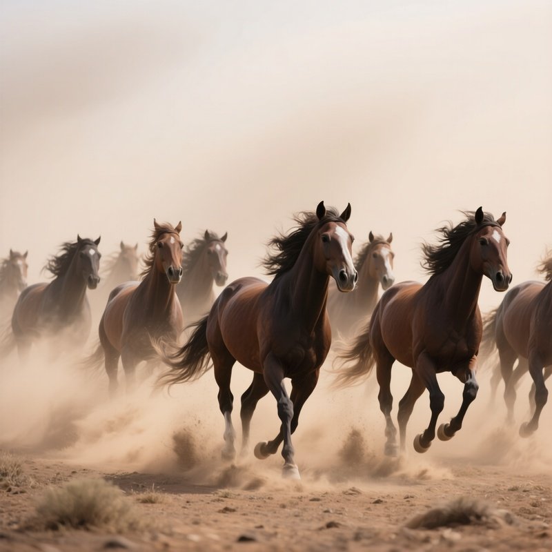 A Herd Of Wild Horses Galloping Through A Dust Storm.