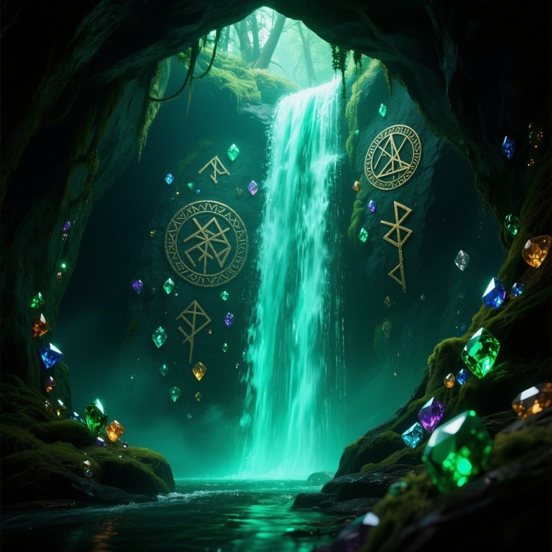 A Hidden Cavern Behind A Waterfall In A Mystical Forest, Emerald Light Filtering Through Cascading