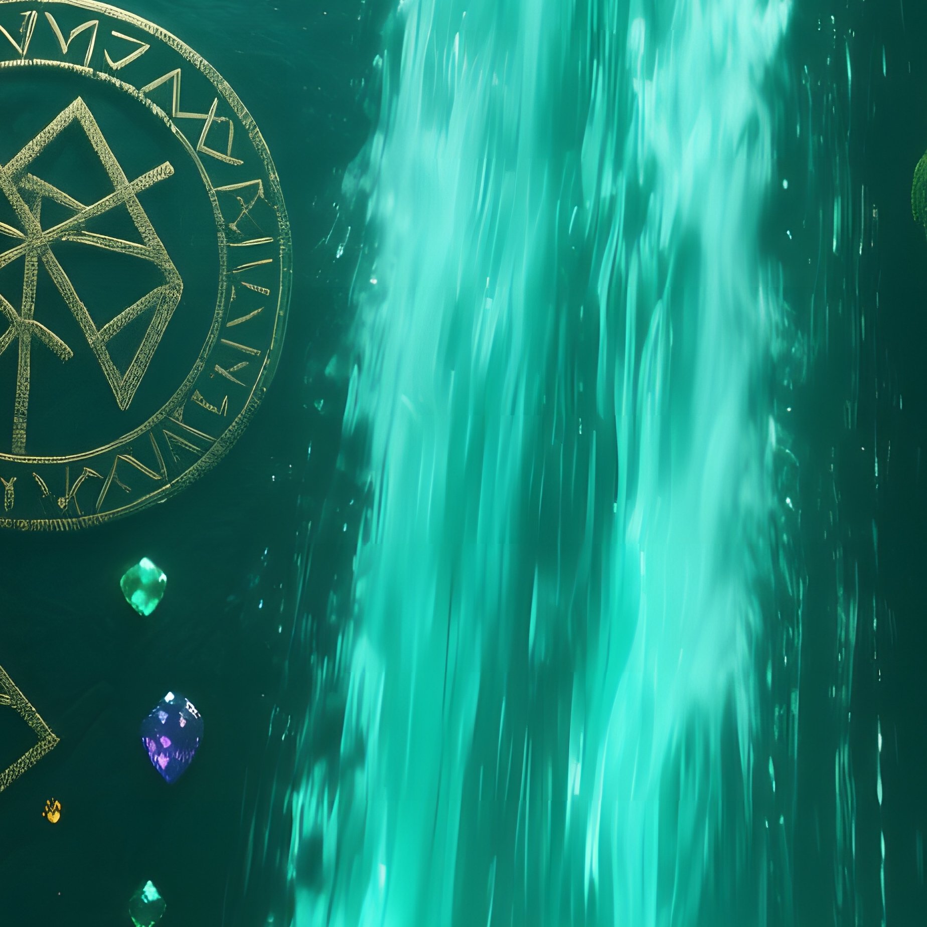 A Hidden Cavern Behind A Waterfall In A Mystical Forest, Emerald Light Filtering Through Cascading - Full Resolution Quality Preview