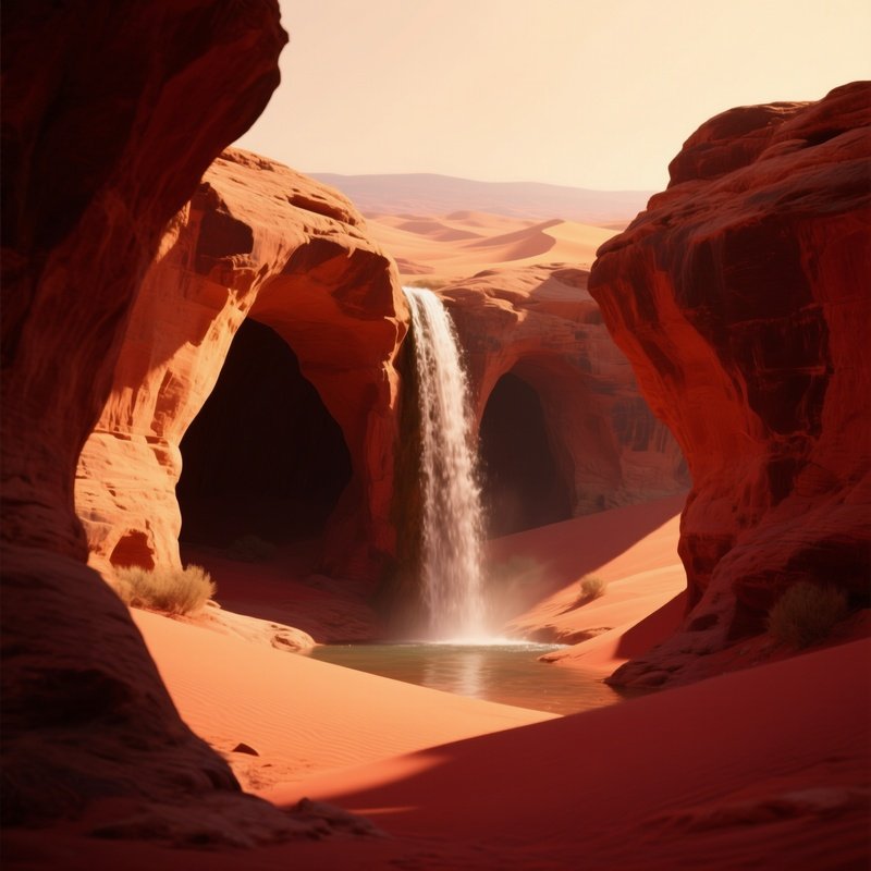 A Hidden Desert Oasis Where A Narrow Waterfall Pours Over Sandstone Arches, Warm Amber Light
