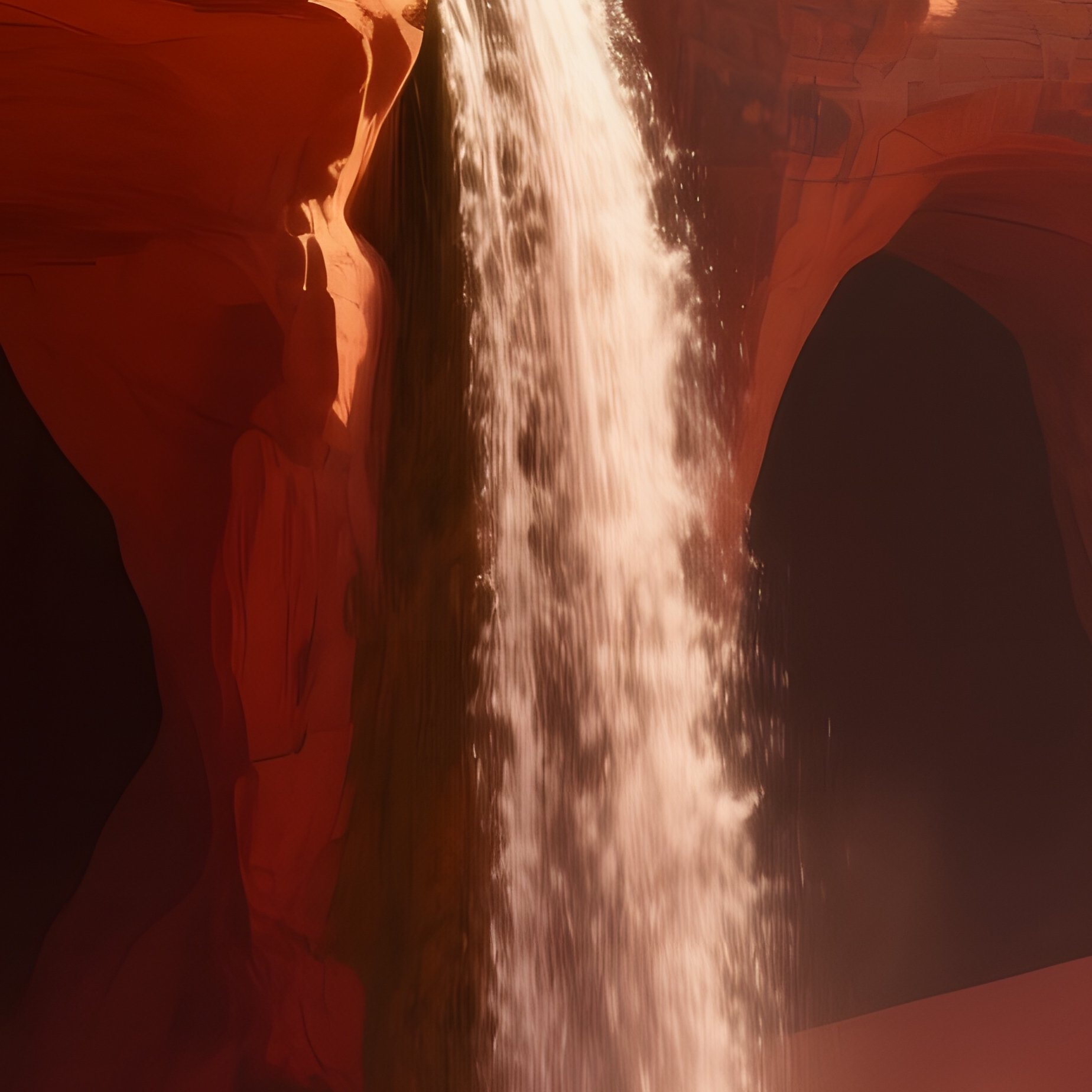 A Hidden Desert Oasis Where A Narrow Waterfall Pours Over Sandstone Arches, Warm Amber Light - Full Resolution Quality Preview