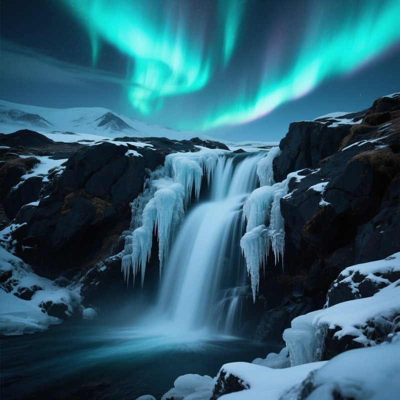 A Hidden Winter Waterfall Where Meltwater Creates Delicate Ice Ribbons Over Dark Volcanic Rock,