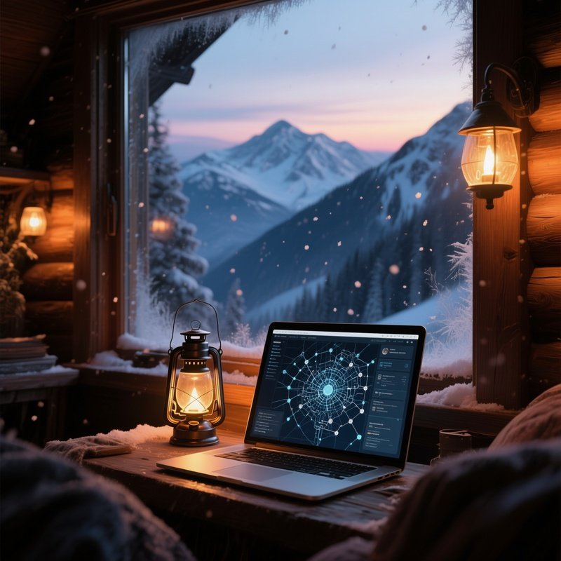 A High‑Altitude Mountain Cabin At Twilight, Warm Lantern Light Spilling Onto A Laptop Screen