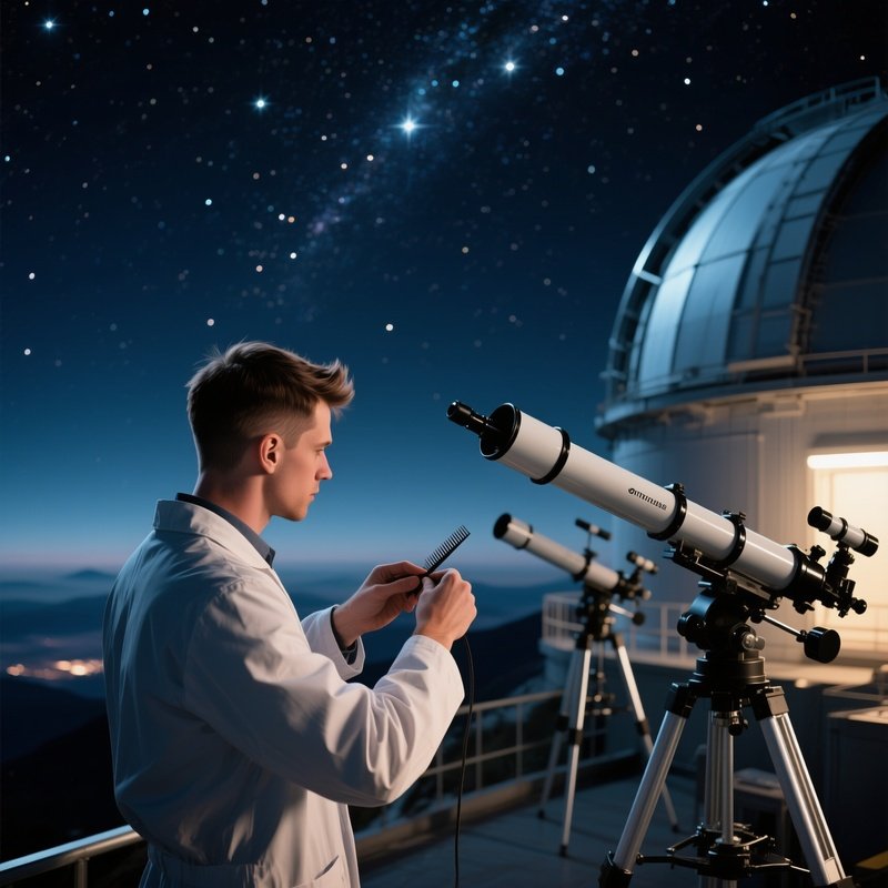 A High‑Altitude Observatory Dome At Night, Stars Glittering; An Astronomer Gets His Hair Trimmed To