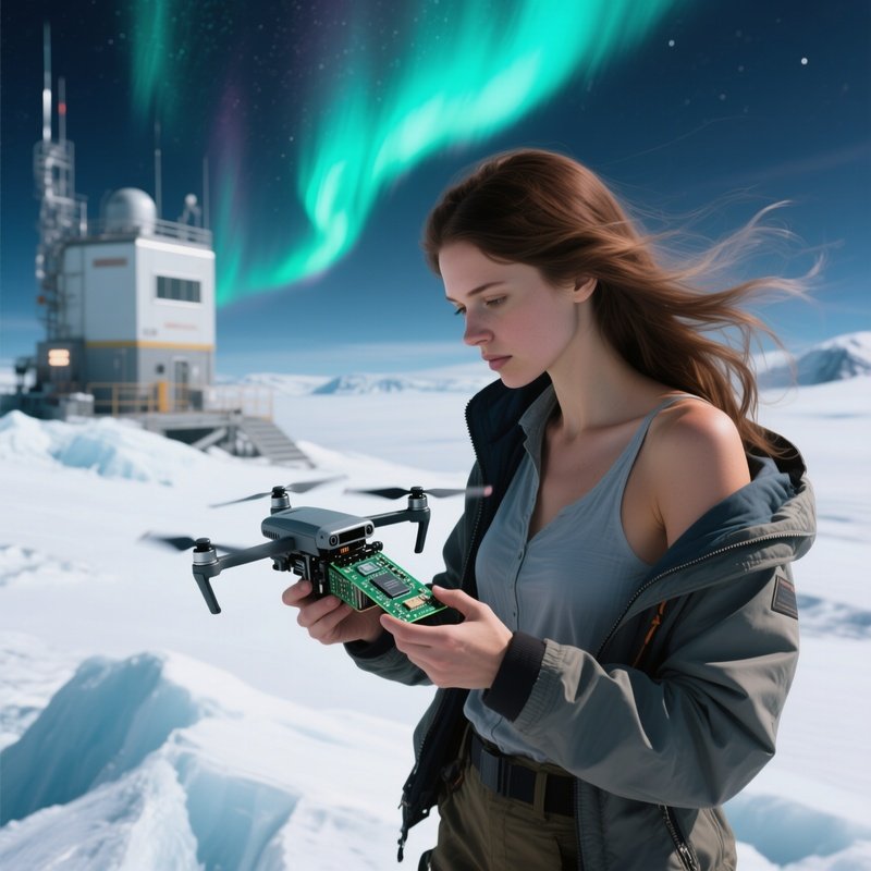 A High‑Altitude Research Station On A Glacier, A Resilient Explorer With Long Brown Hair Inspects A