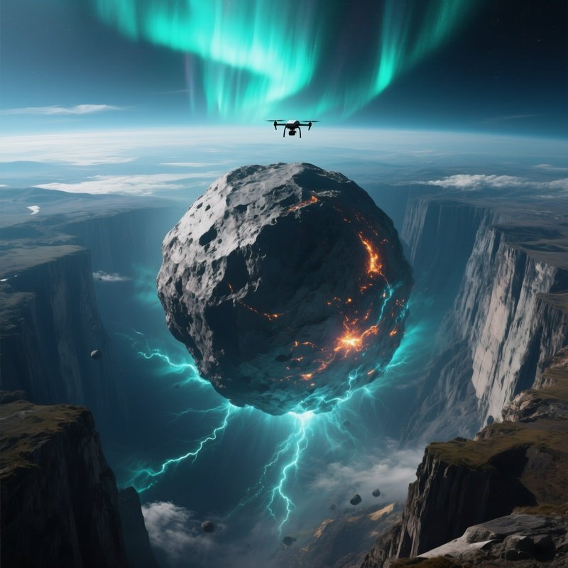A High‑Altitude View From A Reconnaissance Drone Circling A Colossal Asteroid With Towering Cliffs,