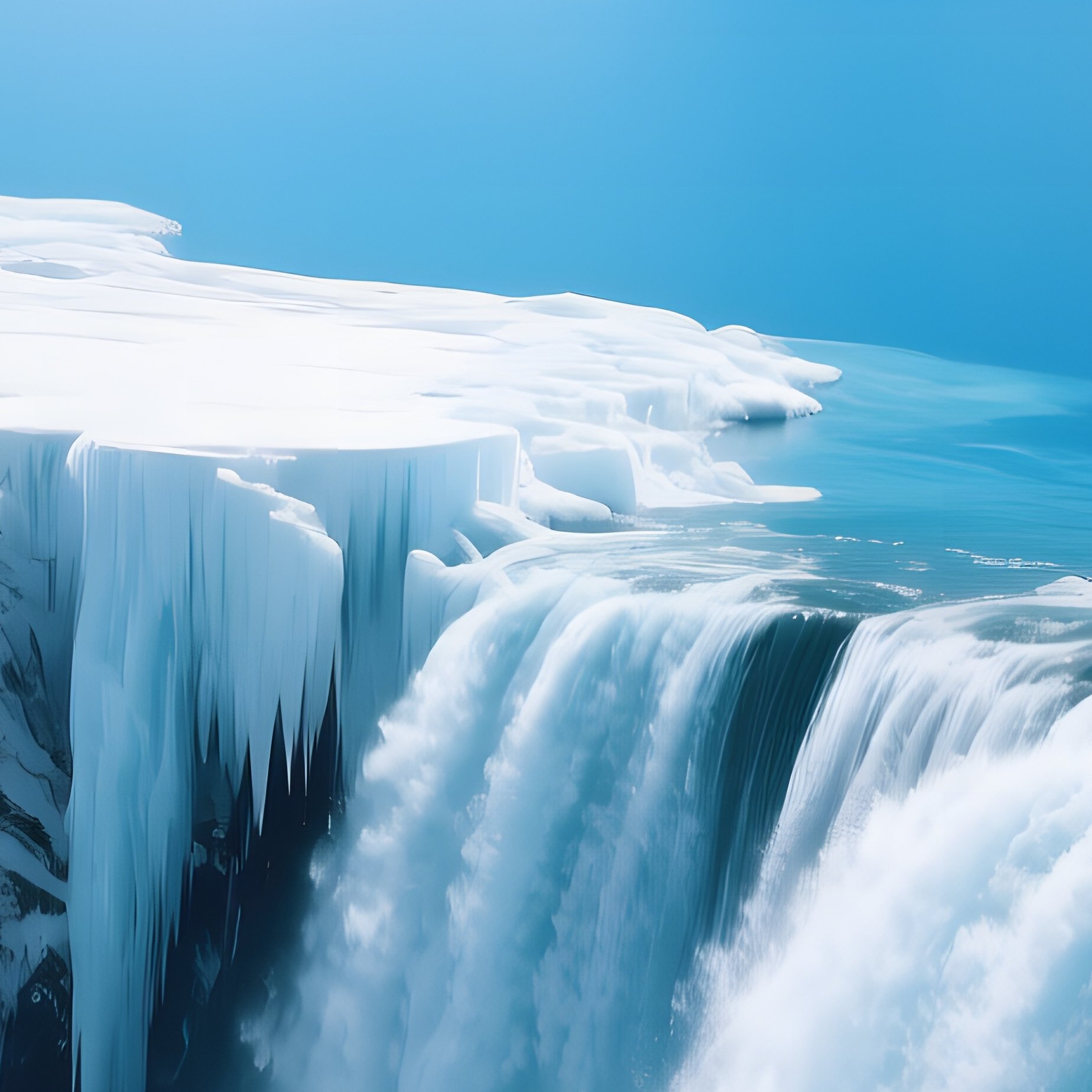 A High Altitude Waterfall Spilling Over Icy Cliffs Into A Deep Blue Alpine Lake, Crisp Clear Air - Full Resolution Quality Preview