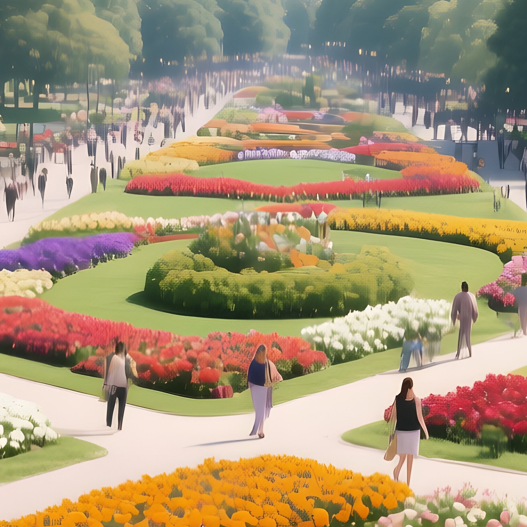 A High‑Angle View Of A Bustling Urban Park Filled With Diverse Flower Beds—Marigolds, Snapdragons, - Full Resolution Quality Preview