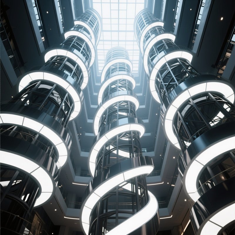 A High Ceilinged Atrium With Towering Steel Frames Twisted Into Abstract Spirals, Each Segment Lit