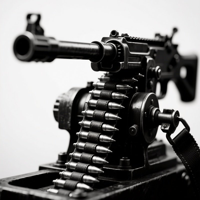 A High‑Contrast Black‑And‑White Photograph Of A Vintage Ammunition Belt Feeding Into A Machine Gun,