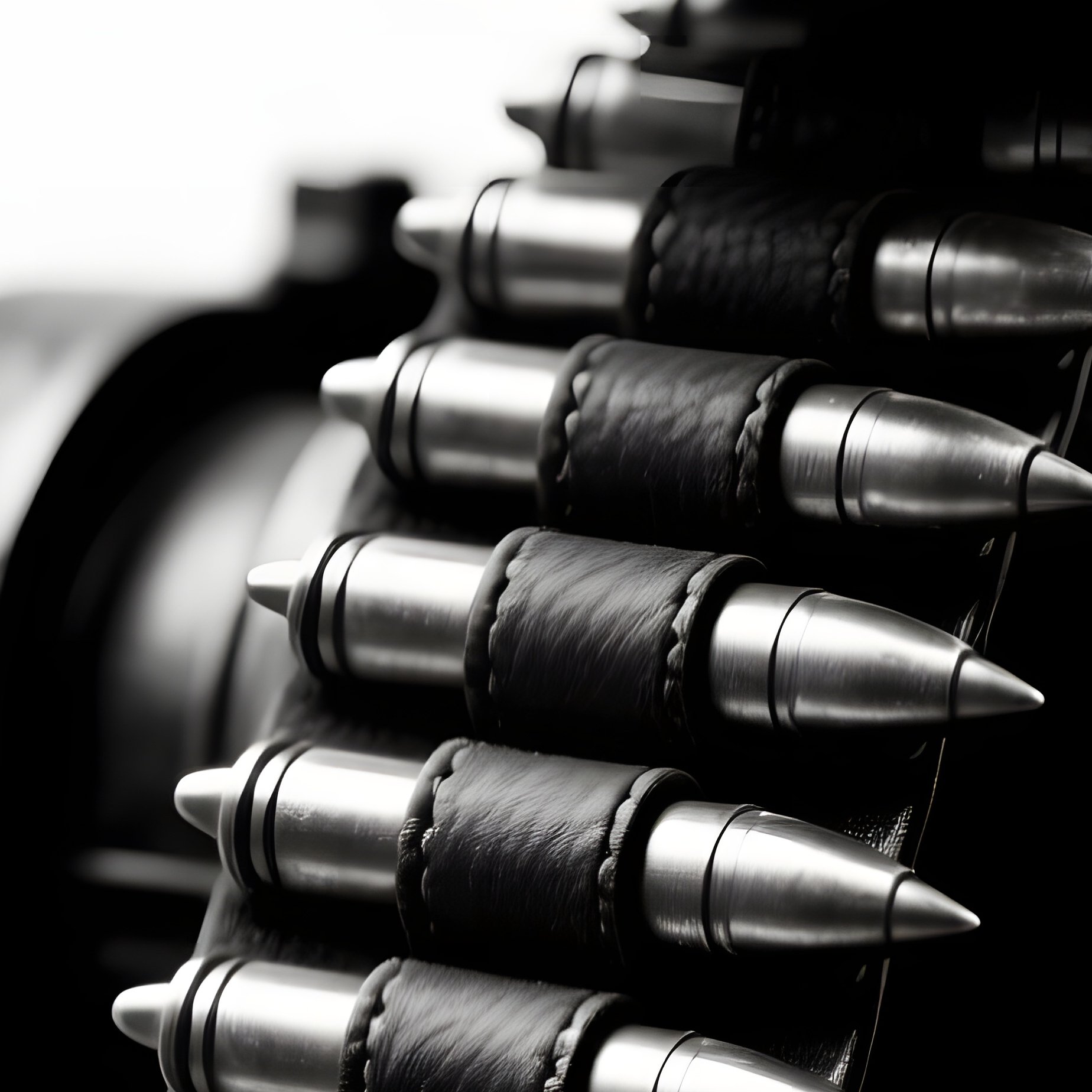 A High‑Contrast Black‑And‑White Photograph Of A Vintage Ammunition Belt Feeding Into A Machine Gun, - Full Resolution Quality Preview
