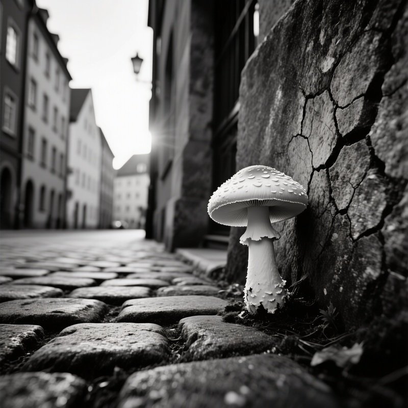 A High‑Contrast Black‑And‑White Photograph Style Of A Lone White Mushroom Growing On A Cracked