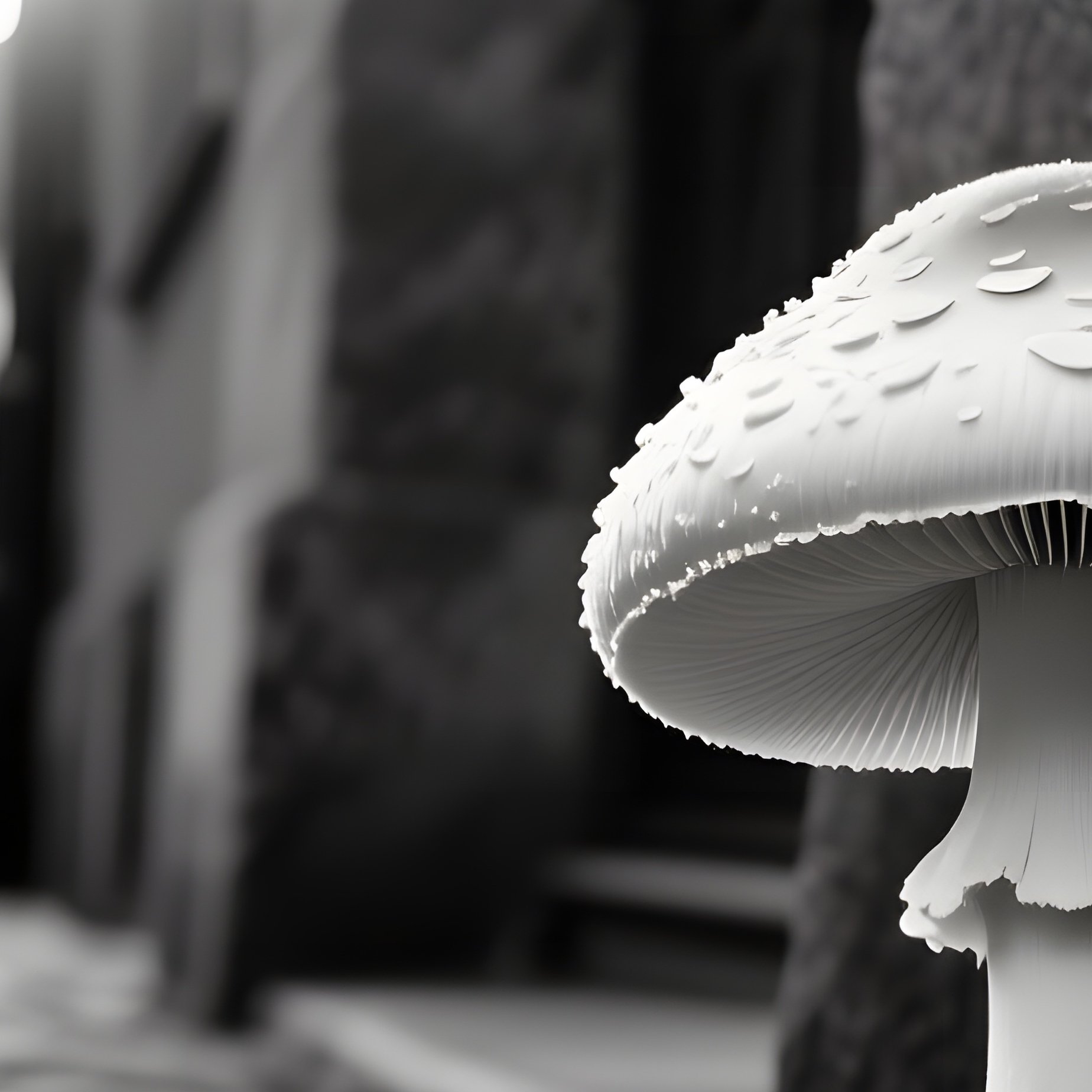 A High‑Contrast Black‑And‑White Photograph Style Of A Lone White Mushroom Growing On A Cracked - Full Resolution Quality Preview