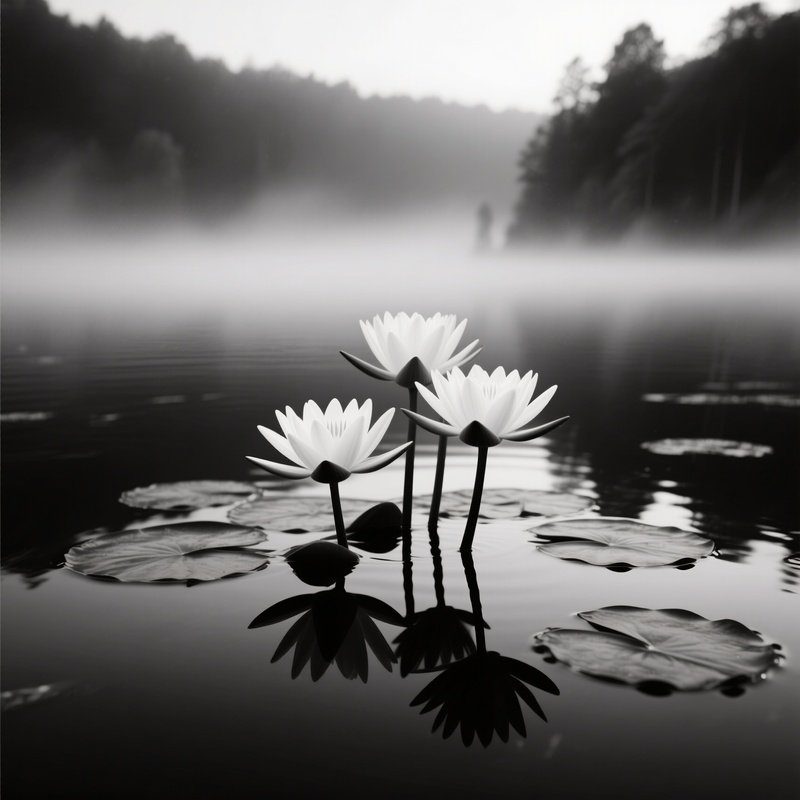 A High‑Contrast Black‑And‑White Photograph Style Image Of A Misty Lake At Dawn, Stark White Lily