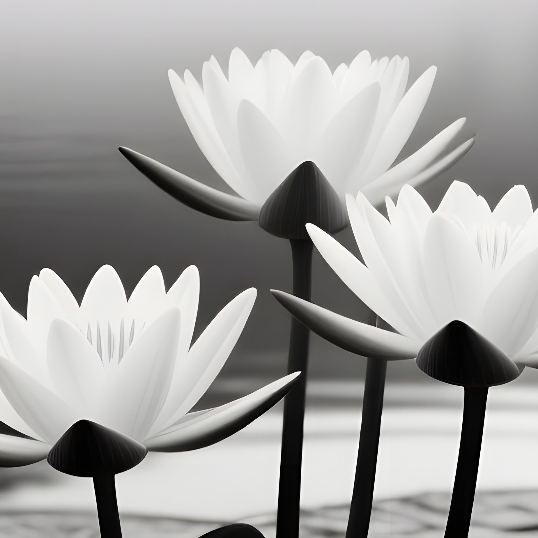 A High‑Contrast Black‑And‑White Photograph Style Image Of A Misty Lake At Dawn, Stark White Lily - Full Resolution Quality Preview