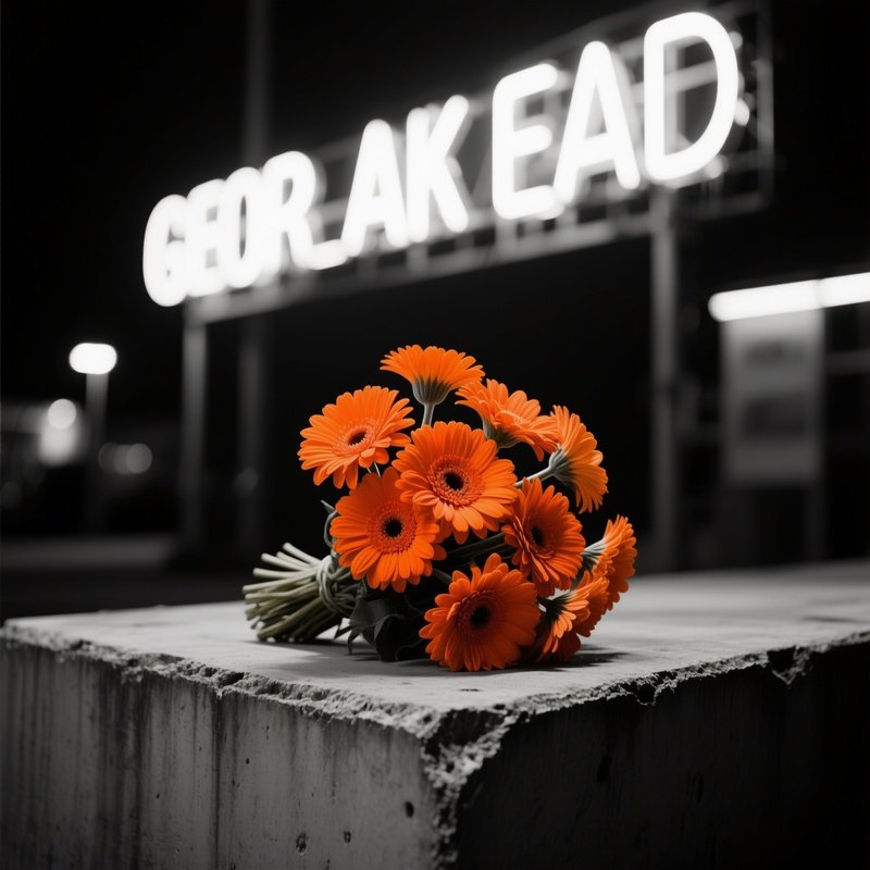 A High‑Contrast Black‑And‑White Photograph Turned Color Where A Bouquet Of Vivid Orange Gerbera