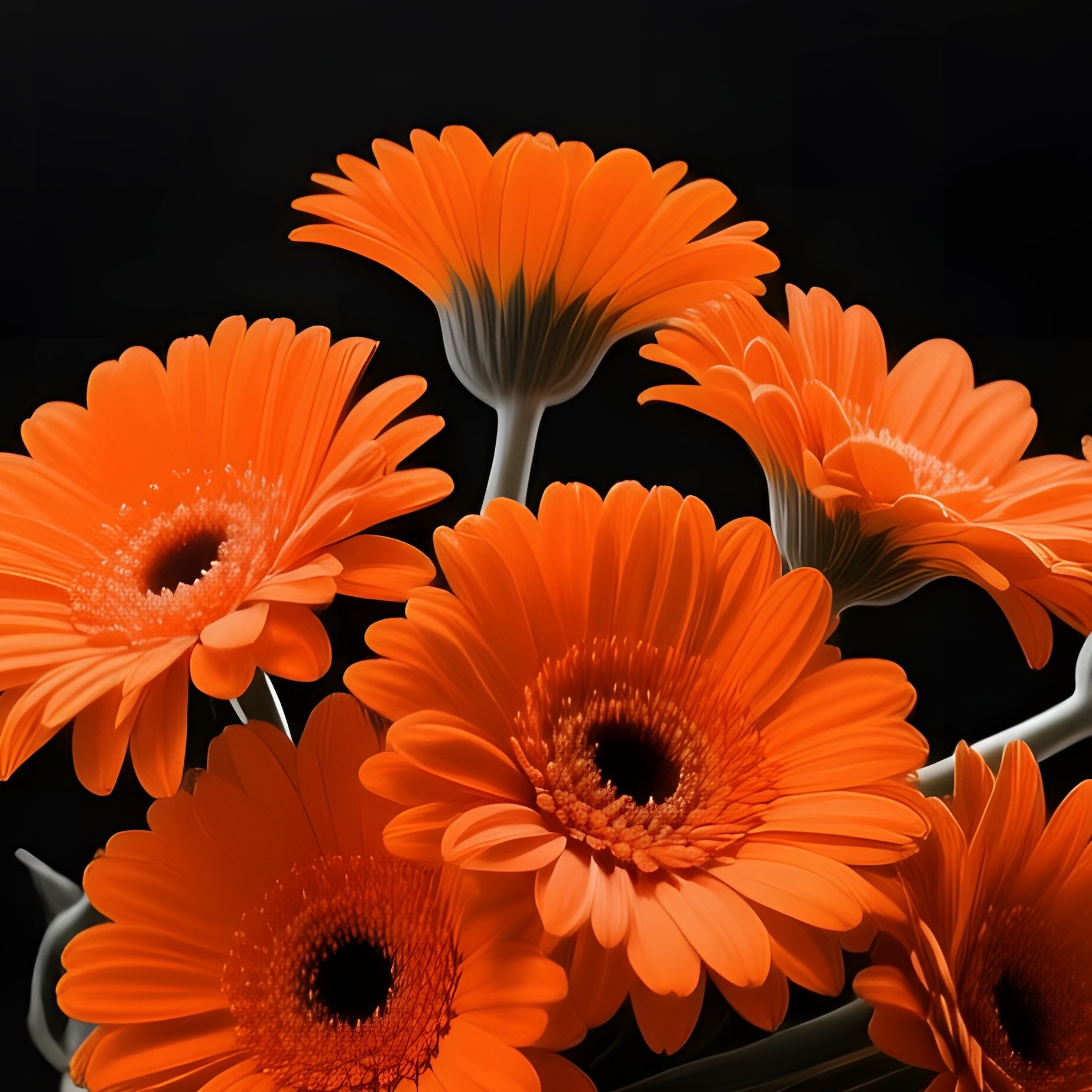 A High‑Contrast Black‑And‑White Photograph Turned Color Where A Bouquet Of Vivid Orange Gerbera - Full Resolution Quality Preview