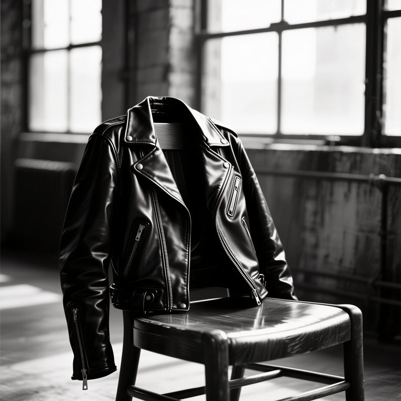 A High‑Contrast Black‑And‑White Portrait Of A Leather Biker Jacket Draped Over A Polished Wooden