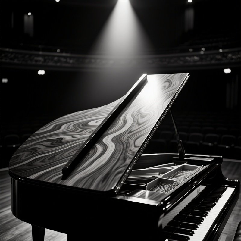 A High‑Contrast Black‑And‑White Shot Of A Polished Mahogany Piano Lid, Its Wood Grain Swirling Like