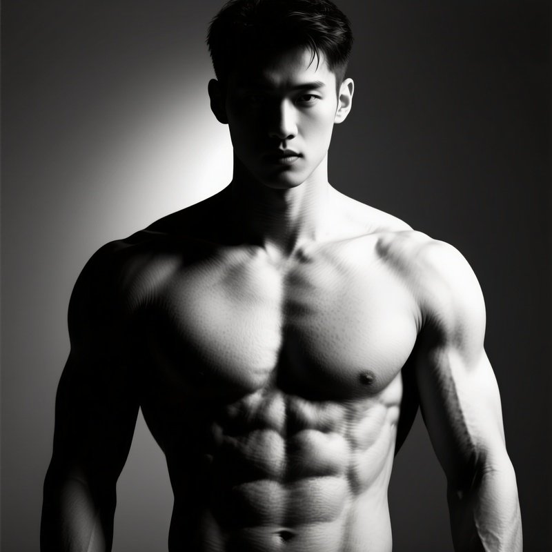 A High‑Contrast Black‑And‑White Studio Portrait, A Muscular Male Torso Illuminated By A Single Rim