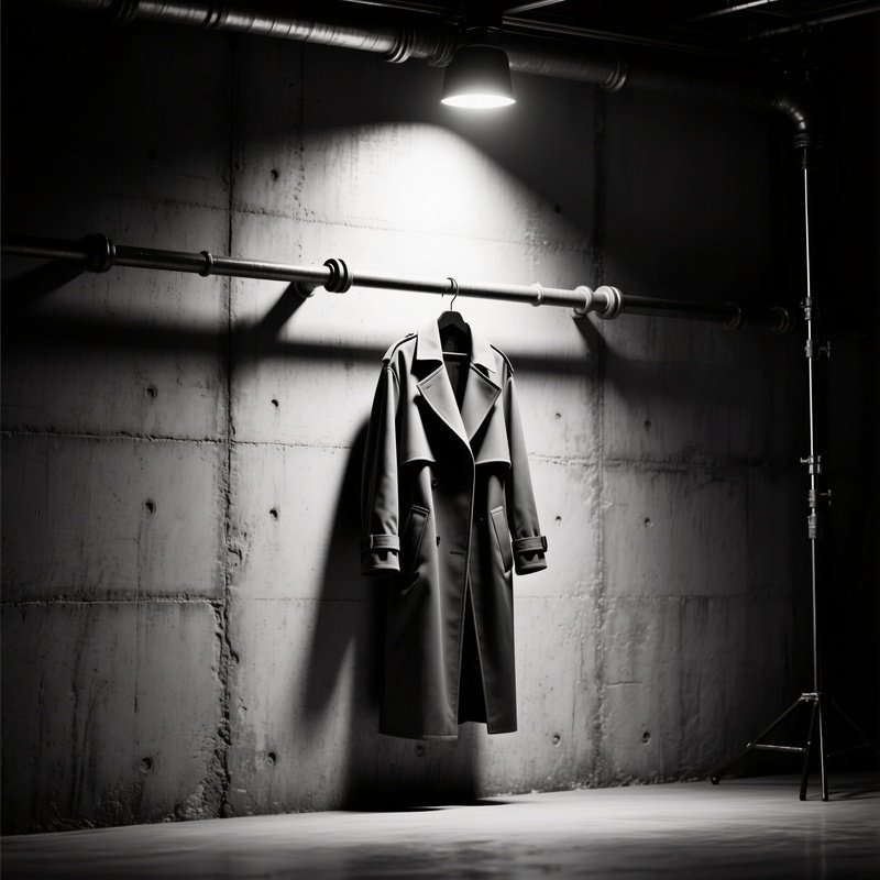 A High‑Contrast Black‑And‑White Studio Shot Of A Lone Avant‑Garde Coat Hanging On An Industrial