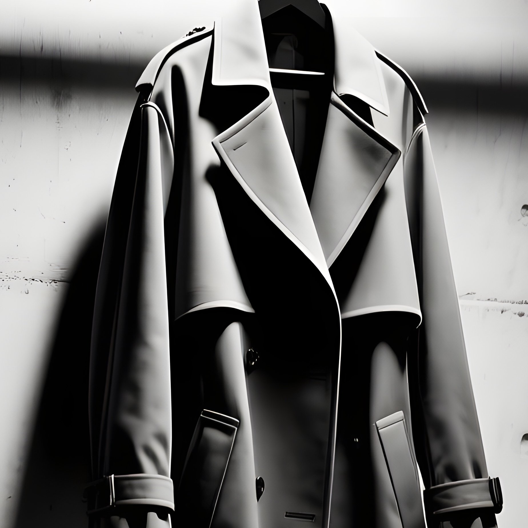 A High‑Contrast Black‑And‑White Studio Shot Of A Lone Avant‑Garde Coat Hanging On An Industrial - Full Resolution Quality Preview