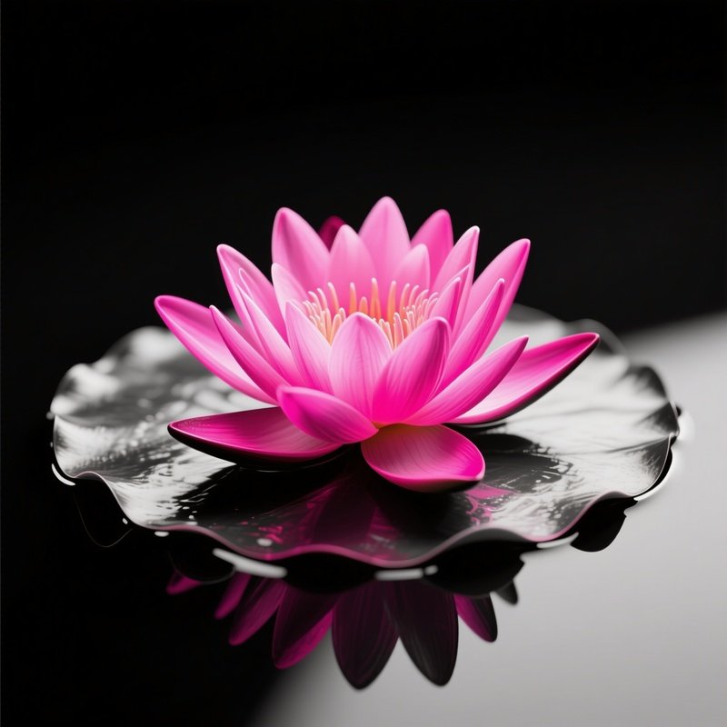 A High‑Contrast Black‑And‑White Studio Shot Of A Single Pop‑Art Lily Pad With Neon Pink Petals,