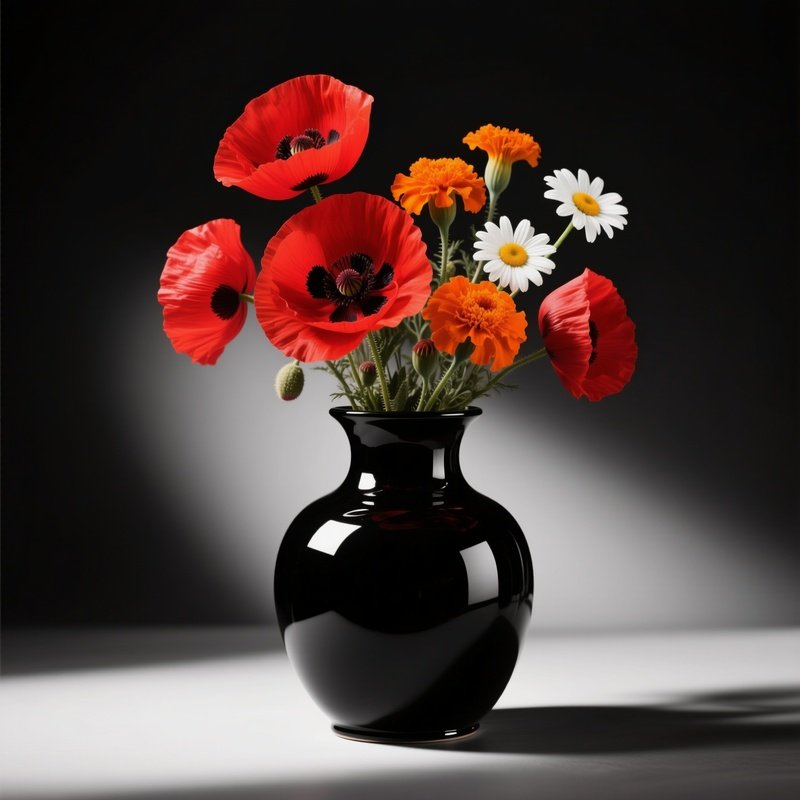 A High‑Contrast Black‑And‑White Studio Shot Of A Glossy Black Lacquer Vase Filled With Vivid Red