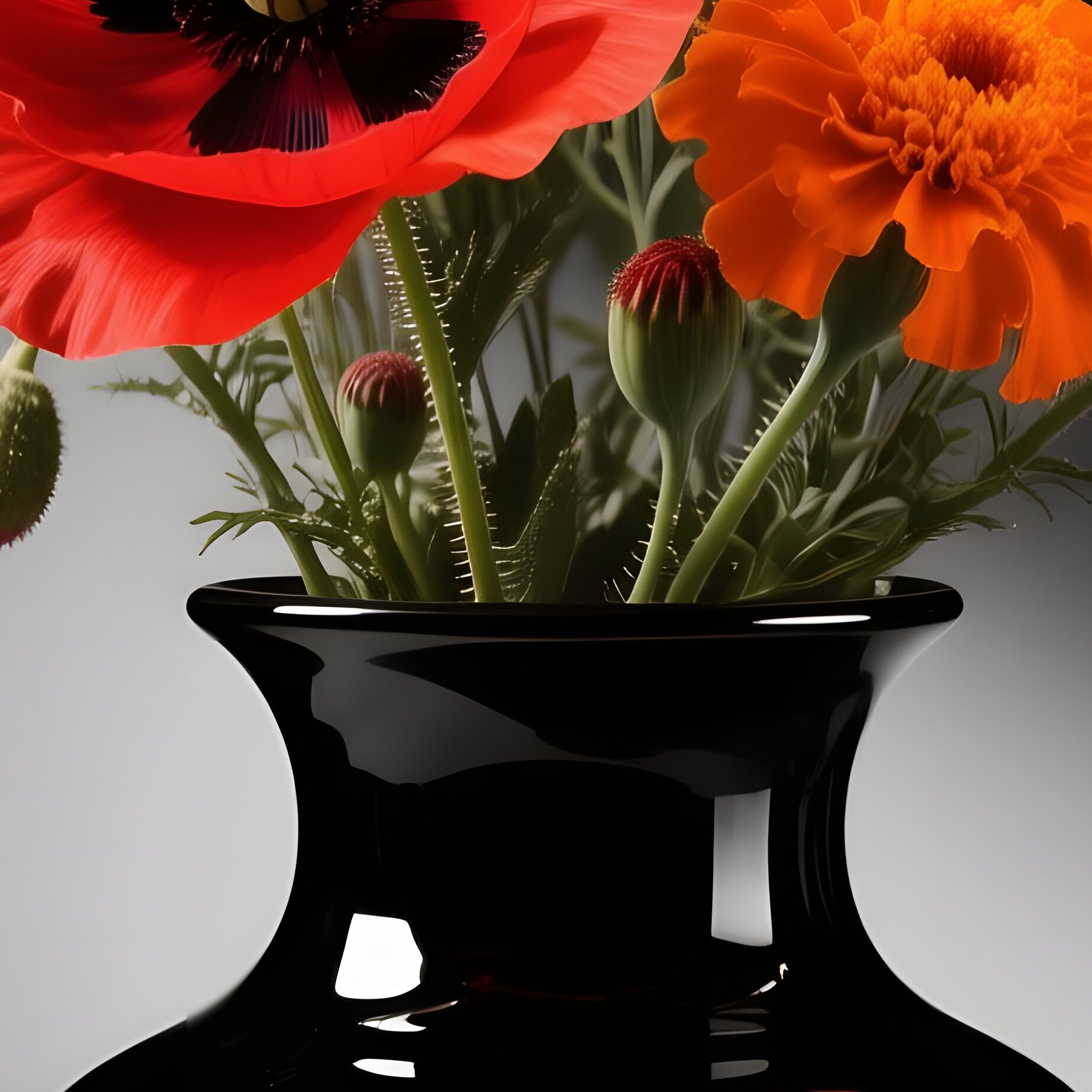 A High‑Contrast Black‑And‑White Studio Shot Of A Glossy Black Lacquer Vase Filled With Vivid Red - Full Resolution Quality Preview