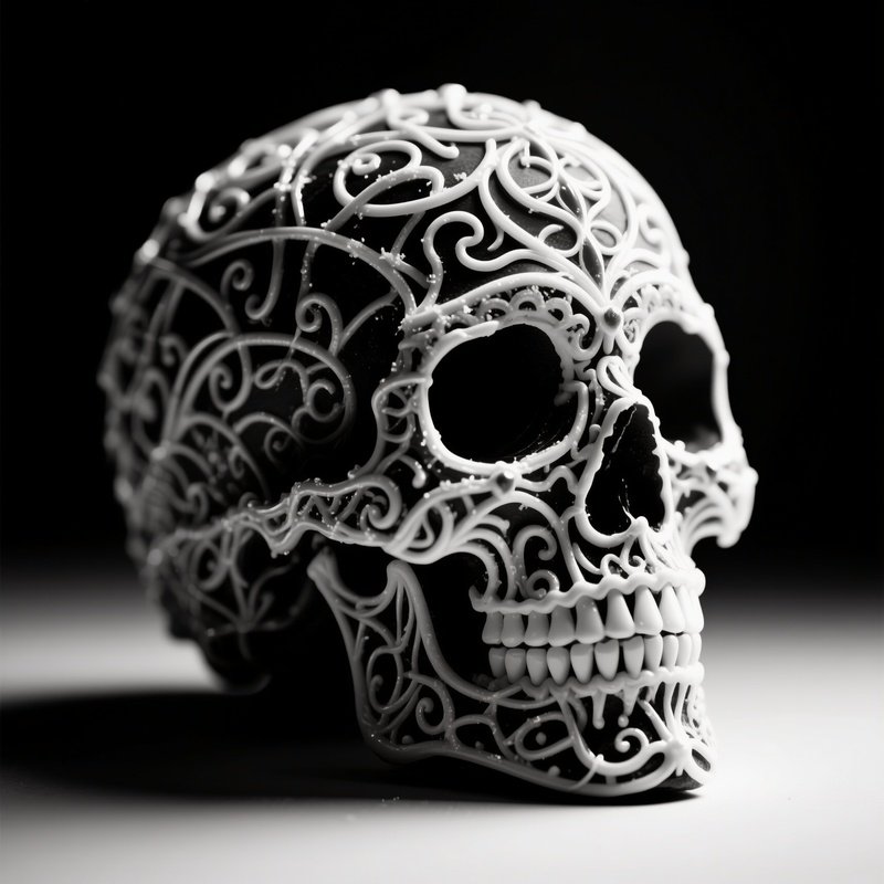 A High‑Contrast Black‑And‑White Studio Shot Of An Intricate Sugar Skull, Its Patterns Etched In