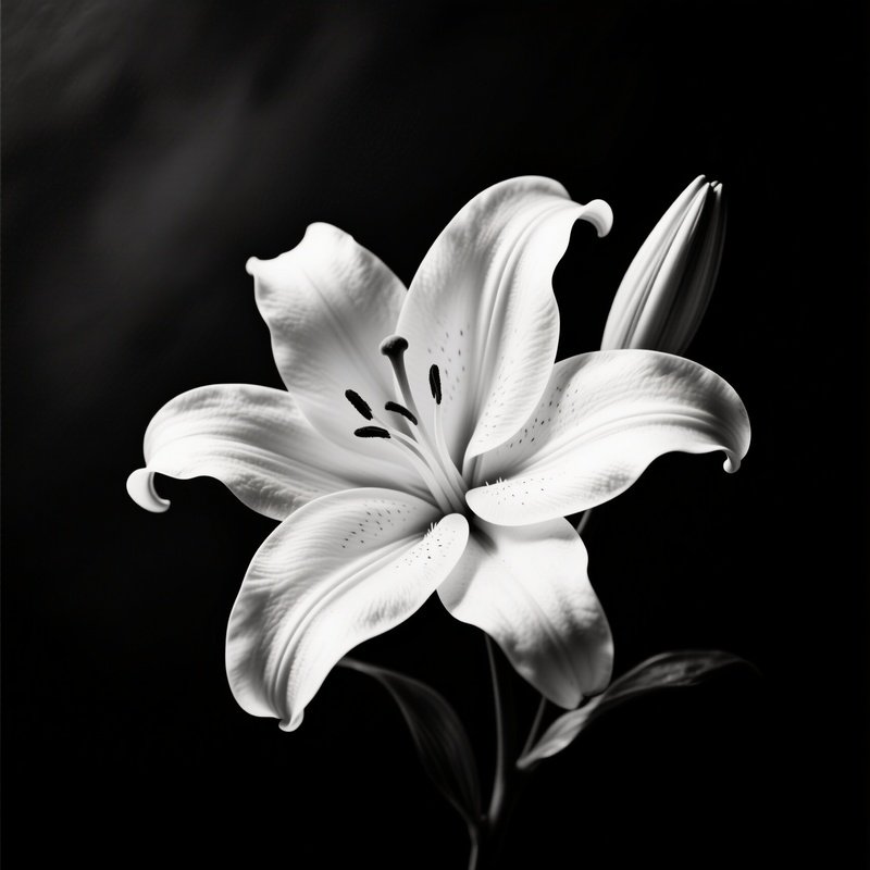 A High‑Contrast Black‑And‑White Study Of A Single White Lily Against A Deep Charcoal Background,