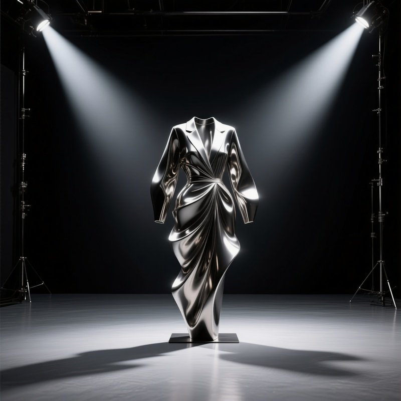 A High‑Contrast Black Studio With Stark Spotlights Highlighting A Metallic Sculpture Of An Abstract